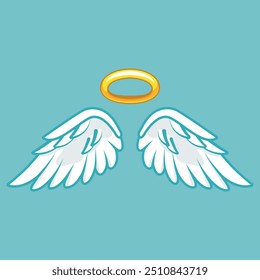 Delicate white wings with a golden halo hover against a bright turquoise background, representing celestial beings and spiritual themes. Illustrating a sense of peace and serenity.