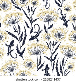 Delicate wild meadow print    seamless vector background  Vector seamless pattern and Lizards in the Queen Annes Lace Wildflower Daucus carota  