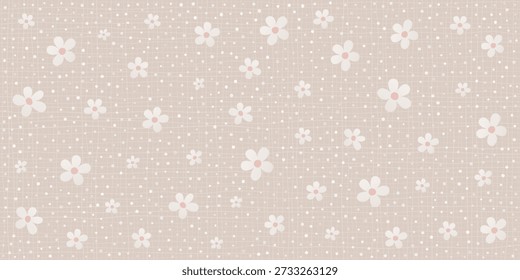 Zartes Wiesendesign mit kleinen Blüten auf weißem Hintergrund. Elegante botanische Illustration, perfekt für Babytextilien, Vintage-Tapeten oder Osterdekor.