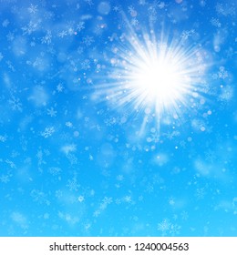 Delicate winter sunny day with blue sky and snowfall background. EPS 10