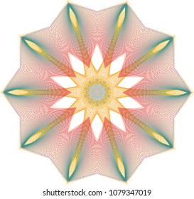 Delicate wireframe guilloche rosette with blended colors from dark teal to red with yellow highlights.