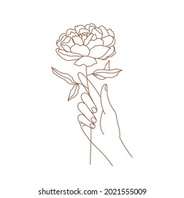 Delicate women hand with peony flower. Female hand logo in trendy linear style. Vector boho icon for handmade products, jewelry, cosmetics, wedding concept illustrations etc. Branding.