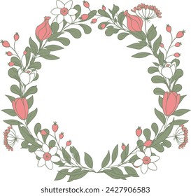 A delicate wreath of flowers and herbs. Elements of flora in the design of invitations, cards, covers. Vector.