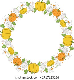 Delicate wreath of pumpkins, ears and garlic for gift cards. Vector hand draw  Illustration EPS10