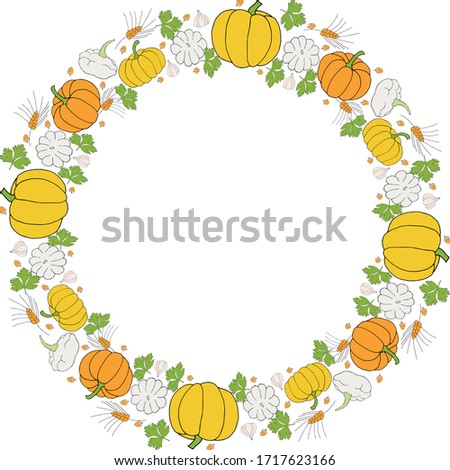 Delicate wreath of pumpkins, ears and garlic for gift cards. Vector hand draw  Illustration EPS10