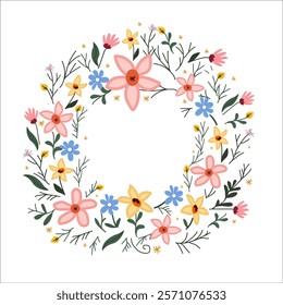 delicate wreath with spring flowers in doodle style isolate
