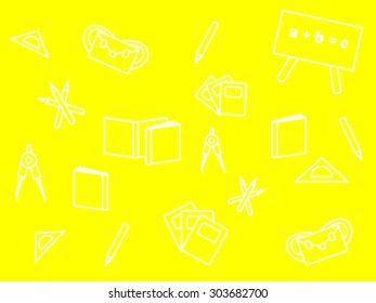 Delicate yellow background with school boards, compass, books, notebooks or triangle