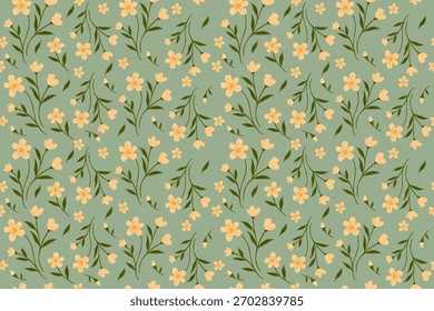 Delicado patrón floral amarillo sobre un fondo verde suave, con subgrupos elegantes y pequeñas flores, perfecto para diseños de primavera, telas, Fondos de pantalla y papelería.
