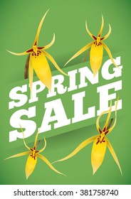 Delicate yellow orchids around of sign with Spring Sale text on green background.