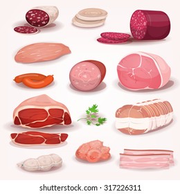 Delicatessen And Butchery Meat Set/
Illustration of a cartoon delicatessen set, with pieces of french or italian prepared pork meat, including ham, salami slices, sausage, chorizo, bacon and pepperoni