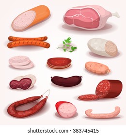 Delicatessen And Butchery Meat Set. Illustration Of Cartoon Delicatessen Parts Of French Or Italian Pig Meat, With White, Raw And Country Ham, Salami Slices, Sausage, Chorizo, Bacon And Pepperoni