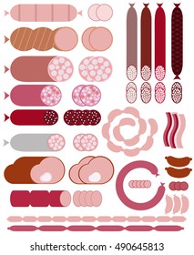 Delicatessen Sausage icons seat set. Tasty spicy salami, pepperoni, bologna and smoked pork sausages, bacon slices, ham, roast beef and raw beef steak in cartoon style, for butcher shop design