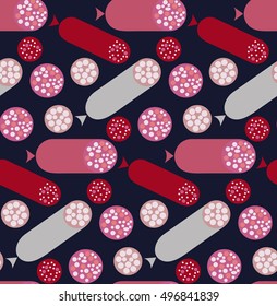 Delicatessen Sausage seamless pattern. Tasty spicy salami, pepperoni, bologna and smoked pork sausages, bacon slices, ham, roast beef and raw beef steak in cartoon style, for butcher shop design