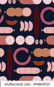 Delicatessen Sausage seamless pattern. Tasty spicy salami, pepperoni, bologna and smoked pork sausages, bacon slices, ham, roast beef and raw beef steak in cartoon style, for butcher shop design