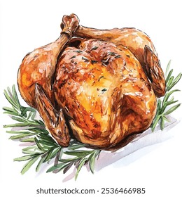 delicioous roasted chicken with rosemarry watercolor clipart illustration