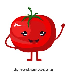 Deliciou red tomatoe with a smiling face. Proper nutrition, healthy food, diet. Vegetables fruits. Modern vector flat image design isolated on white background. Food concept