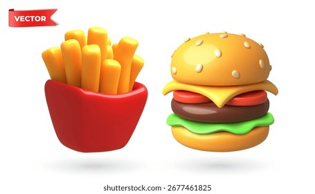 Deliciosa hamburguesa y patatas fritas de Vector de dibujos animados 3D