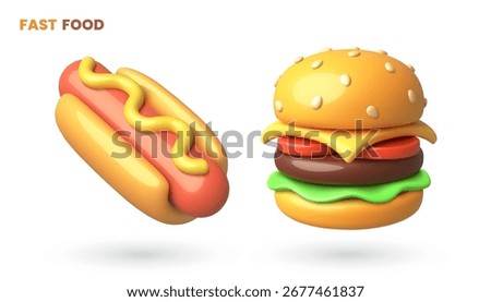 Delicious 3D Cartoon vector Fast Food Hot Dog and Cheeseburger