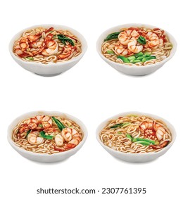 Delicious 3D ramen noodle graphic: isolated, vector, food, restaurant, realistic, white background, udon. Ingredients: tofu, shrimp, green onions, sesame seeds, nori.