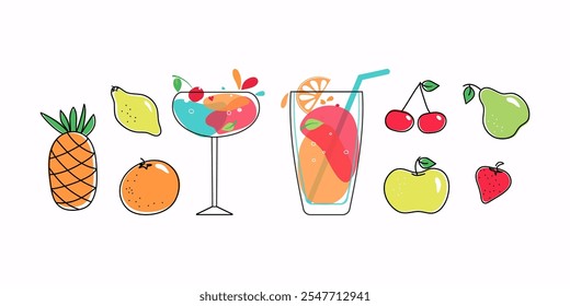 Deliciosos coquetéis alcoólicos e frutas. Bebidas mistas multicoloridas em taças de vinho. Novo exótico bar de praia tropical. Álcool, limonada. Ícones de vetor de desenhos animados planos definidos em plano de fundo branco.