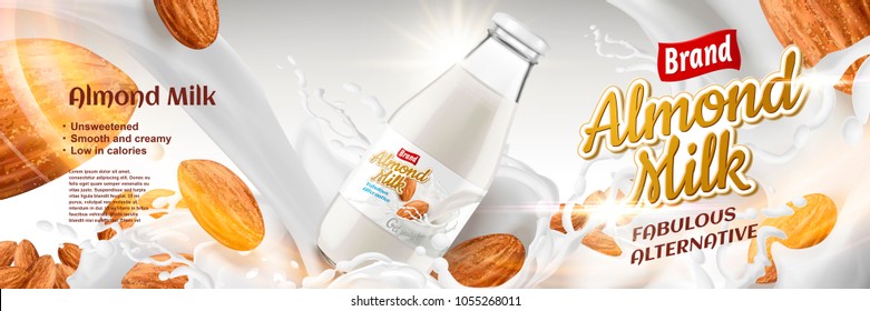 Delicious Almond milk with splashing liquid and seeds around glass bottle container in 3d illustration