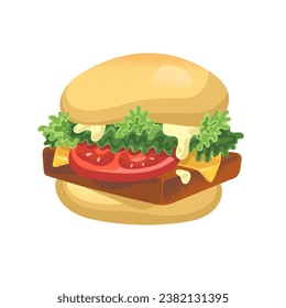 Delicious american burger. Cheeseburger, humburger, sandwich of ingredients: bun, meat, tomato, cheese, sauce, salad. Fast food, unhealthy eating. Flat isolated vector illustration on white background