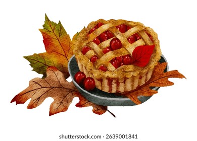 Delicious American cherry pie topped with a rich golden crust and colourful Autumn leaves.Vector Beautiful watercolor food,appealing dessert composition for Fall season,Thanksgiving celebrating