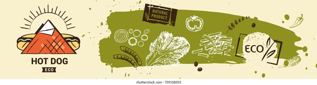 Delicious american food. Sketch vector illustration.Hotdog with mustard packing in serviette. Concept logo. Template design for menu cafe and fast food restaurant. 
