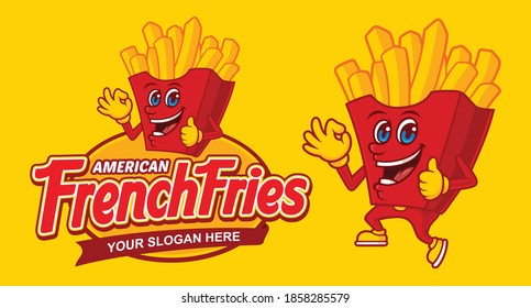 Delicious american french fries logo template, with funny cartoon character