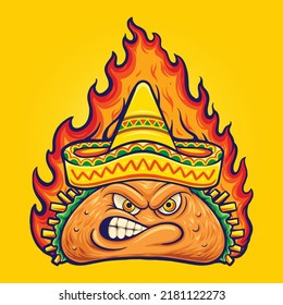 Delicious angry mexican taco with blazing fire vector illustrations for your work logo, merchandise t-shirt, stickers and label designs, poster, greeting cards advertising business company or brands