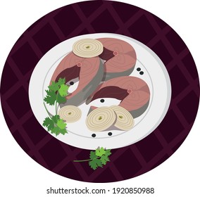 delicious appetizer, herring with onions and parsley on a plate, Russian food with hot