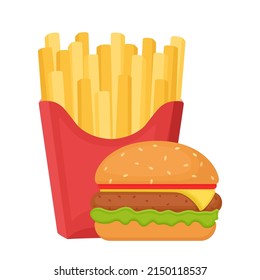 Deliciosa hamburguesa apetitosa y patatas fritas aisladas en fondo blanco, ilustración vectorial  