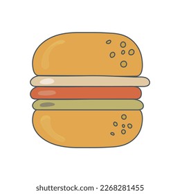 delicious appetizing Burger. hamburger. Food illustration isolated white background. retro style. Clipart. Vector illustration.