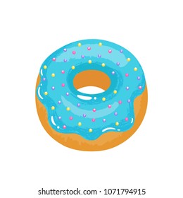 Delicious appetizing donut with azure glaze and sprinkling. Vector illustration