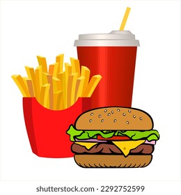 Delicious appetizing hamburger, cola and French fries in a red carton box. Coffee takeaway. Vector illustration isolated on white background