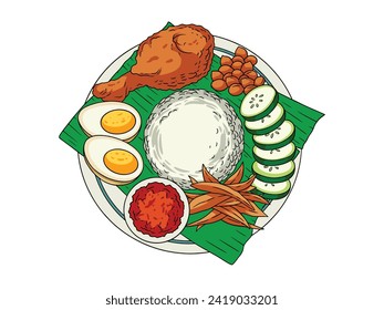 Delicious and appetizing nasi lemak illustration on white background isolation