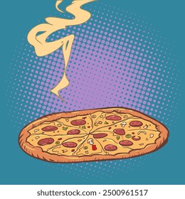 Delicious appetizing pizza. Fast delivery of fast food. Rich Italian cuisine. Pop Art Retro Vector Illustration Kitsch Vintage 50s 60s Style