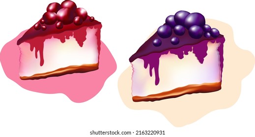 Deliciosos dulces apetitosos, tartas, tartas con bayas, queso, arándanos, arándanos, moras y cerezas. Ilustración vectorial para niños, postales, café.