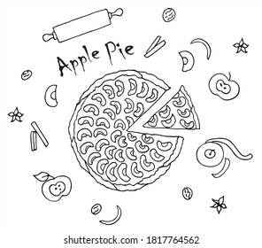 Delicious apple pie. Black and white vector for coloring, for card or gift. 