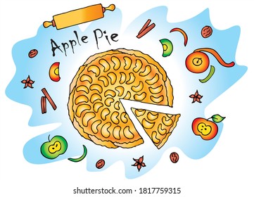 Delicioso pastel de manzana. Vector de color para tarjeta o regalo. Comida, cocina.