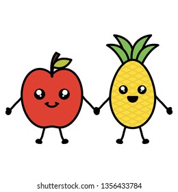 delicious apple and pineapple kawaii characters