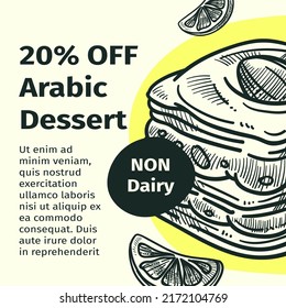 Delicious Arabic Dessert With 20 Percent Off Price Discount For Clients Of Cafe. Non Dairy Products, Tasty Baklava With Nuts. Promotional Banner, Leaflet Or Flyer, Advertisement Vector In Flat Style