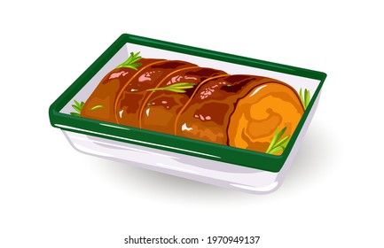 Delicious aromatic meat roll tided with thread with greenery and spices in sheet pan. Vector baking meat in oven, healthy eating, portion for company. Cooking idea isolated on white background