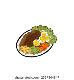 A delicious arrangement of cooked meat, hard-boiled eggs, fresh vegetables, and leafy greens on a plate, showcasing a balanced and nutritious meal presentation.