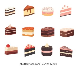 Delicious array of cake slices and whole cakes with different toppings.