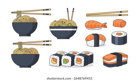 Deliciosa cozinha asiática com macarrão e rolos de sushi preparados com ingredientes frescos