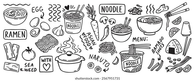 Delicious asian cuisine, noodle and ramen doodle hand drawn icon set for restaurant menu. Outline drawing noodle and ramen line clipart symbol collection. Vector illustration