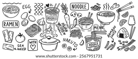 Delicious asian cuisine, noodle and ramen doodle hand drawn icon set for restaurant menu. Outline drawing noodle and ramen line clipart symbol collection. Vector illustration