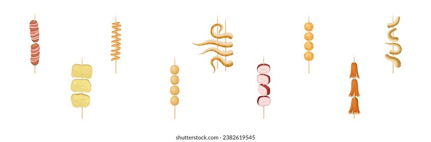 Delicious Asian Fast Food on Skewer Vector Set