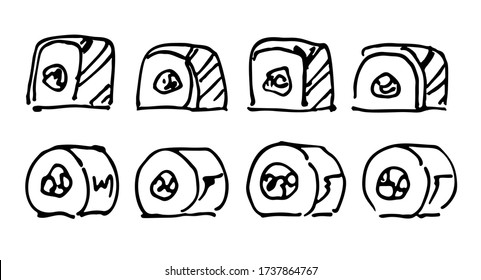 Delicious Asian food, sushi, Japanese rolls, simple black and white hand-drawn graphics